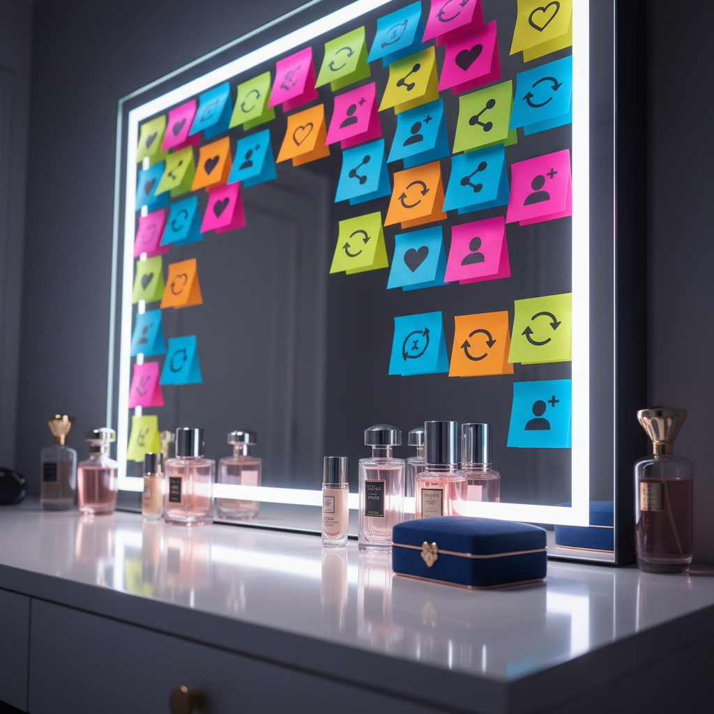 A high-end vanity table scene where the central focus is a pristine mirror completely covered with colorful sticky notes, each showing abstract icons of likes, shares, and followers instead of words. Luxury cosmetic bottles, perfume flacons, and a closed velvet jewelry box sit neatly arranged below, untouched, on a glossy white surface. Neon-pink and electric-blue LED strip lights frame the mirror, casting vibrant reflections and cool highlights across the glass and metal details. Captured from a slightly low angle, the camera emphasizes the towering wall of social media symbols, with a shallow depth of field softening the outer edges. The mood is bold and analytical, hinting at the tension between image and reality, in a polished, modern photographic style.