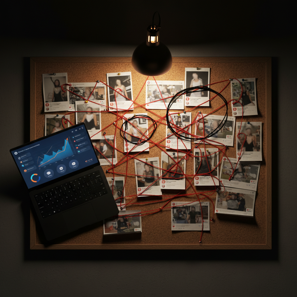 An overhead shot of a dramatic corkboard covered in printed screenshots of social media posts, blurred paparazzi-style photos with faces removed, and crisscrossing red string connecting circles and arrows drawn in marker. A sleek black laptop lies open on the side, its screen showing an abstract analytics dashboard with rising graphs and engagement icons. A single desk lamp with a warm bulb pools light over the center, leaving the edges of the frame in moody semi-darkness. The composition uses asymmetrical balance, with the brightest area drawing the eye to the tangled web of connections. The photographic realism, rich textures of paper, pins, and string, and the investigative atmosphere create a bold, detective-like analysis vibe for Romanian celebrity gossip without any human presence.