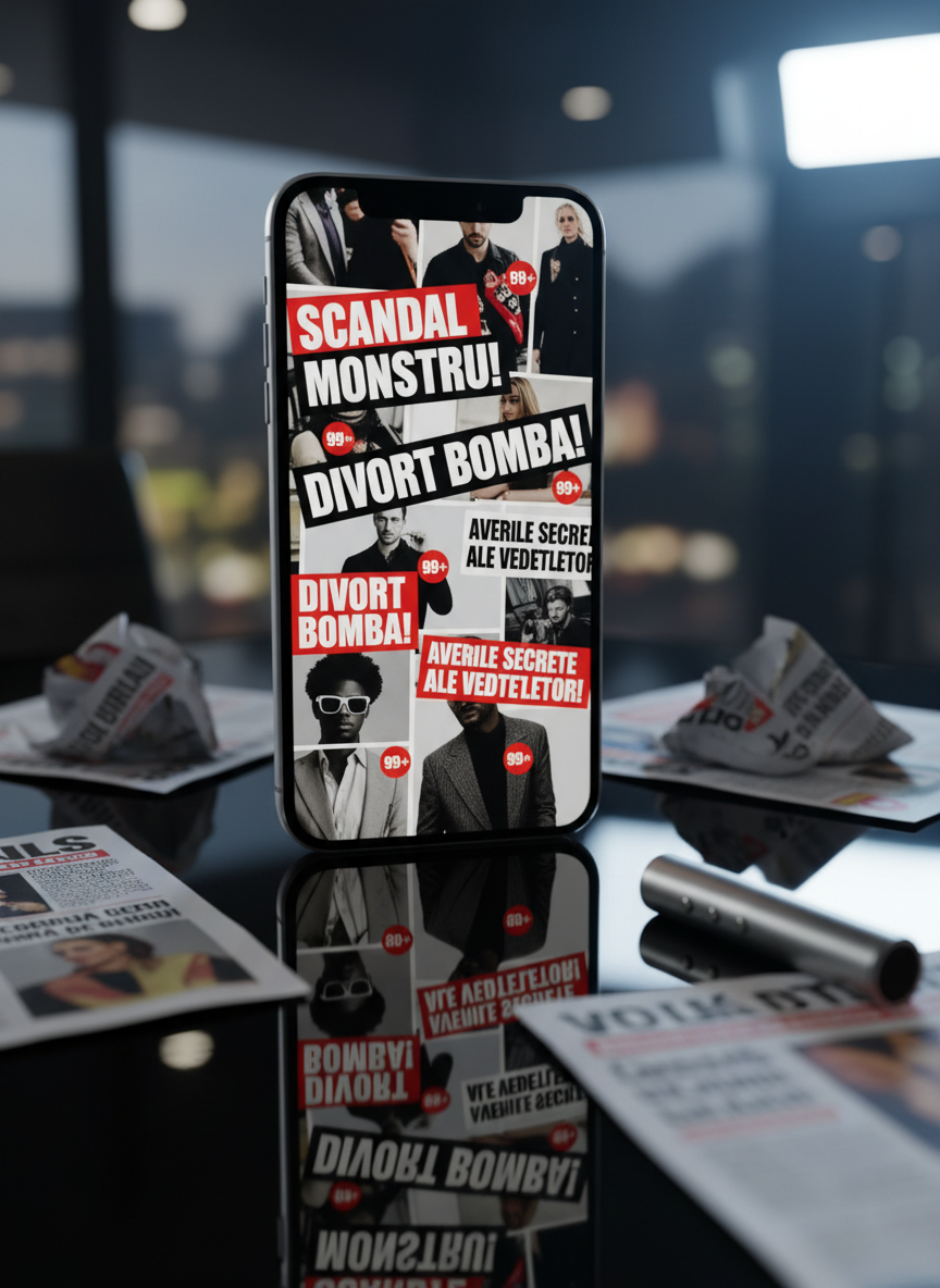 A glossy, oversized smartphone screen dominating the frame, filled with a collage of Romanian tabloid headlines, blurred celebrity silhouettes, and bold red notification badges. The phone rests on a sleek black glass desk scattered with crumpled printouts of sensational front pages and a metallic audio recorder, all reflected subtly in the surface. Cool studio lighting from above creates sharp, dramatic highlights and deep shadows, emphasizing contrast and tension. Captured at a slightly elevated angle with shallow depth of field, the screen is razor sharp while the chaotic media around it melts into bokeh. The mood is bold, high-stakes, and intense, in a clean, photographic realism style that mirrors the relentless buzz of gossip media without showing any actual people.