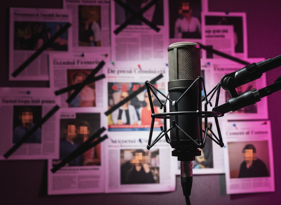 A close-up of a sleek black microphone on a shock mount, positioned in front of a soundproof studio wall decorated with pinned-up, heavily redacted news clippings and pixelated paparazzi photos. The microphone’s metallic mesh gleams under a focused spotlight, while the background is lit with a deep magenta wash, creating a bold, dramatic contrast. Captured at a tight, eye-level composition with shallow depth of field, the microphone is in crystal-clear focus as the wall of gossip and censorship blurs into an abstract tapestry. The atmosphere is intense and analytical, evoking behind-the-scenes commentary on Romanian celebrity news, with modern photographic realism and a strong, edgy visual identity.
