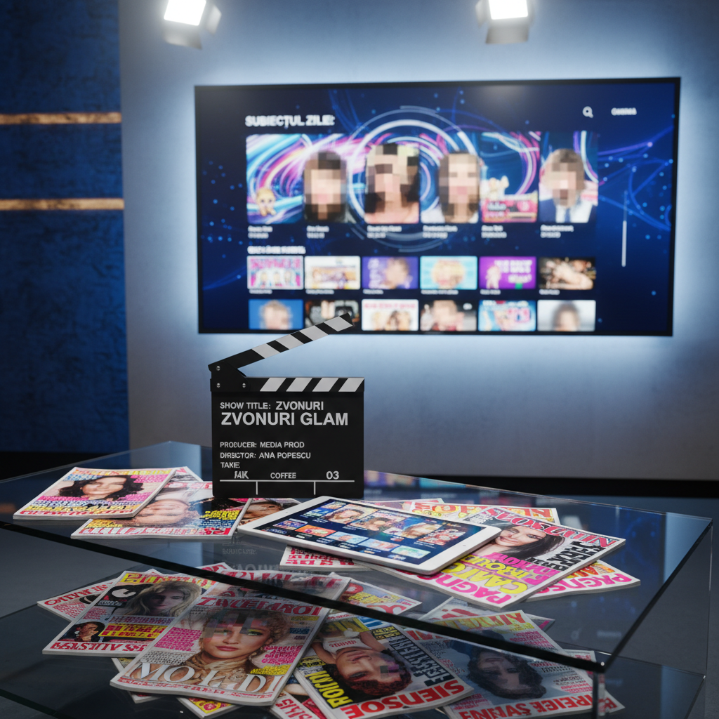 A chic living-room corner styled like a TV studio set, featuring a low glass coffee table overflowing with anonymous gossip magazines, a tablet showing blurred entertainment news thumbnails, and a dramatic clapperboard labeled with generic show details. Behind, a large flat-screen TV displays an abstracted Romanian talk-show interface with all faces and names artistically obscured. Bright key lighting and softer fill lights create a polished broadcast look, with lens flares and subtle reflections on the glass surfaces. Shot from a three-quarter angle, the composition places the table in the foreground and the glowing screen in the background, adding depth. The mood is bold, glamorous, and slightly satirical, captured in clean, vibrant photographic realism that reflects the spectacle of the monden universe.