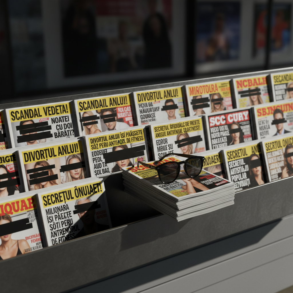 A minimalist newsstand display featuring stacks of anonymous celebrity magazines with censored cover images, bold black bars over faces, and exaggerated Romanian-style tabloid headlines in bright yellow and red. The magazines are arranged in sharp, geometric rows on a brushed metal shelf, with a single pair of black sunglasses resting on top like a symbol of hidden identity. Dramatic side lighting from the left casts long, graphic shadows across the covers, intensifying the sense of intrigue. Shot at eye level with strong depth of field, every typographic detail is crisp while the background fades into soft blur. The atmosphere is edgy, critical, and stylishly confrontational, rendered in high-contrast photographic realism that suits a bold media-analysis gossip blog.
