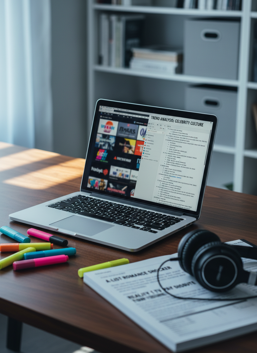A stylish workspace featuring a thin, open laptop on a dark wooden desk, its screen displaying a split view: multiple blurred entertainment portals on one side and a clean text editor on the other, suggesting analysis. Surrounding the laptop are color-coded highlighters, a notebook filled with underlined headlines, and a pair of over-ear headphones resting on one corner. Cool daylight streams through a nearby unseen window, casting soft, directional light and subtle reflections on the laptop’s metallic body. Shot from a three-quarter elevated angle with moderate depth of field, the focus stays on the tools of media dissection while the background shelves of generic books and storage boxes dissolve softly. The mood is focused, bold, and investigative, rendered in crisp photographic realism that fits a serious gossip-analysis blog.