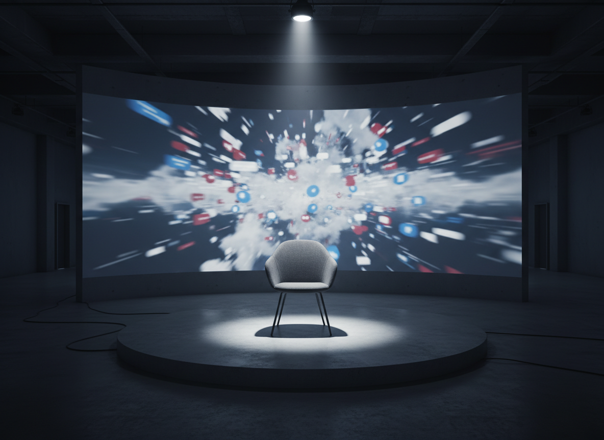 non-kitsch conceptual photo about media pressure and cancel culture in Romania: empty TV studio chair under harsh spotlight with blurred social media comments projected in background, moody but neutral, no readable text